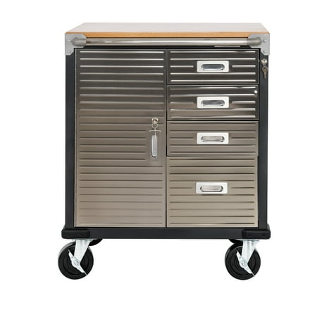 Seville Classics UltraHD Heavy Duty Rolling Cabinet Workbench Table w/ Solid Wood Top  Workstation for Garage  Office  Workshop  Graphite  1-Door  4-Drawer (28  W x 25  D)