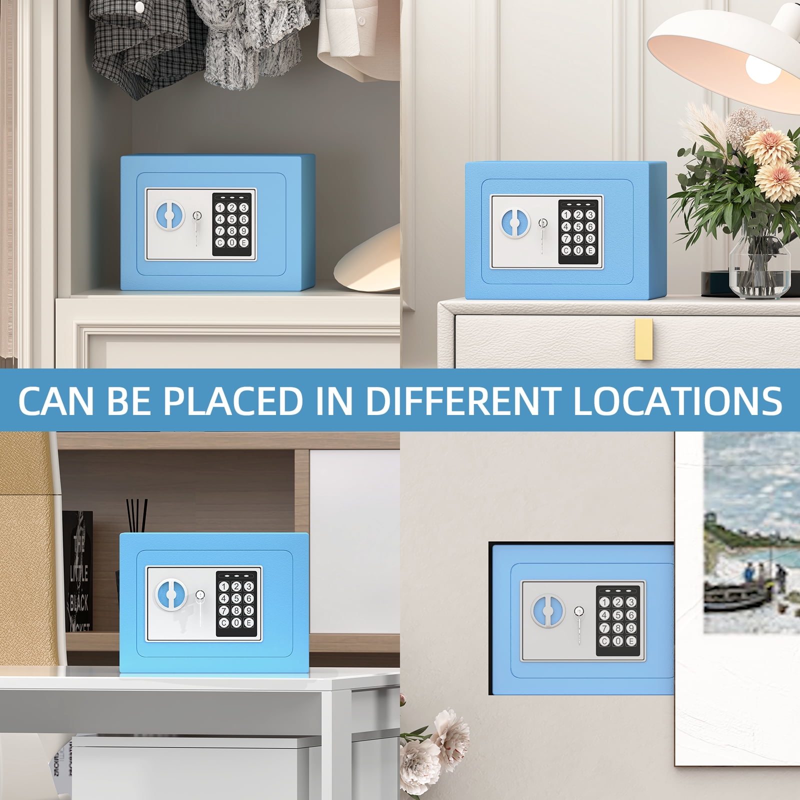 Marcree Money Safe Box for Home with Sensor Light & Fireproof Money Bag - 0.23 Cubic Feet Security Safe Box with Digital Keypad, Keys & Pass Code Lock, 9.05" W x 6.69" D x 6.69" H, Blue