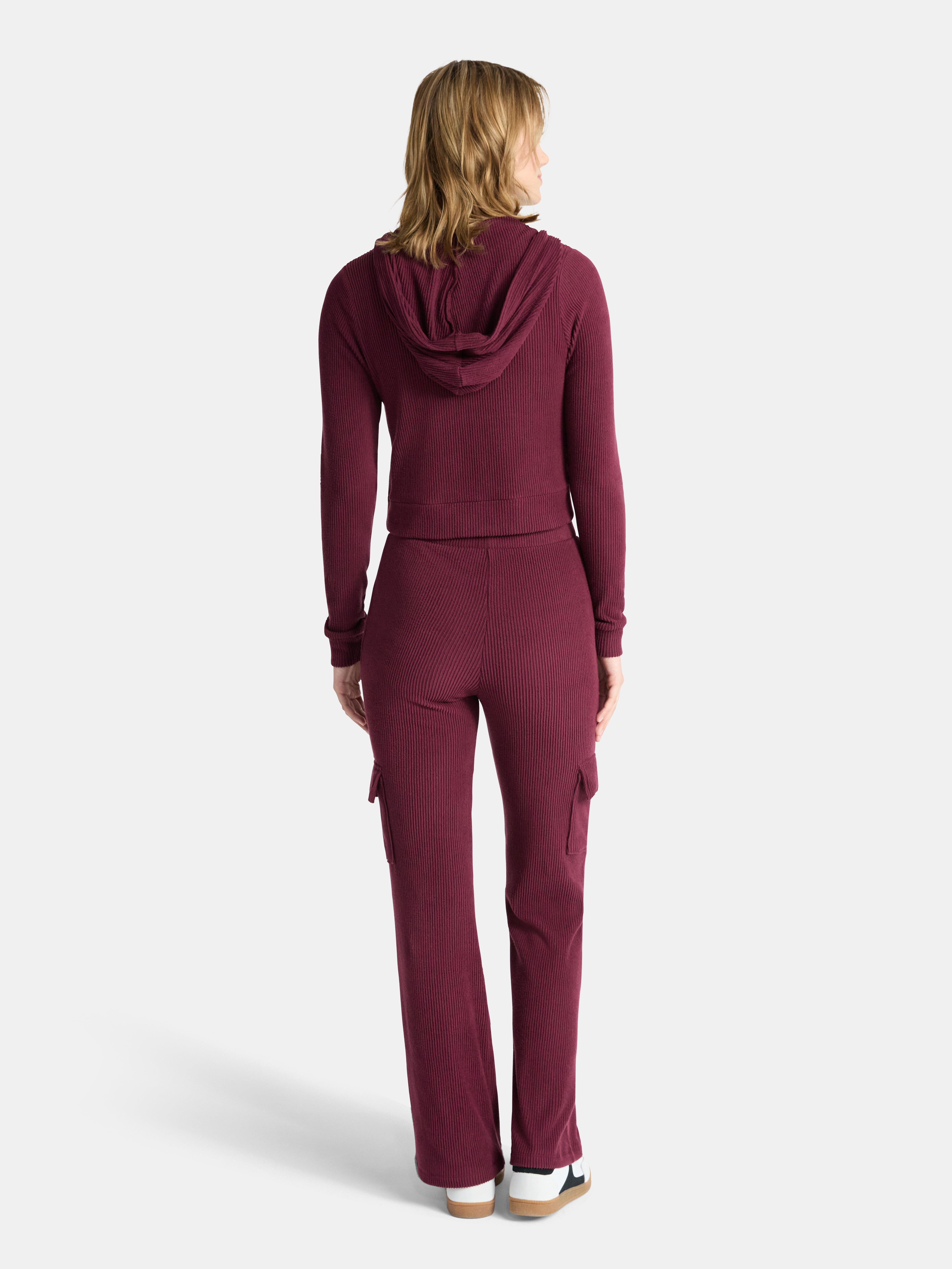No Boundaries Brushed Ribbed Zip-Up Hoodie and Flare Pants Set, 2-Piece, Women's