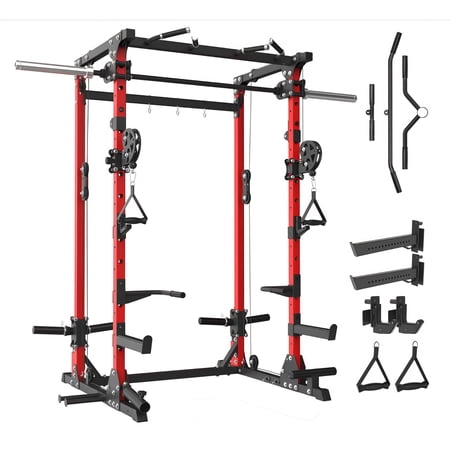 Smith Machine, 5 in 1 Heavy-Duty Squat Rack with Cable Crossover, All-in-One Home Gym Power Rack for Full-Body, Dual 1:1 Pulley System