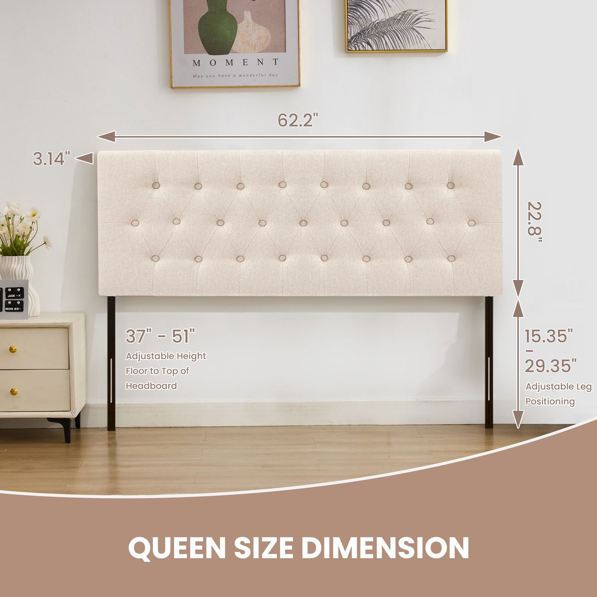JONPONY Tufted Upholstered Headboard Queen Size, Solid Wood Head Board with  Adjustable Height  Headboard from 37" to 51",Bed Frame Adapters,Beige,Headboard Only