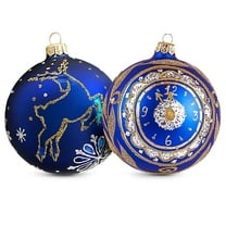 STPgoods Clock and Deer Glass Christmas Ball Ornament Set 2 Pcs 3.94" Hand-Painted Christmas Tree Ornaments Christmas Tree Hanging Decoration, Blue, Gold, Silver