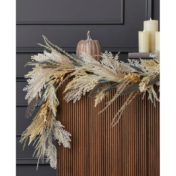 6 ft Fall Fields Garland with Blue Floral, Feather and Pampas, Artificial Indoor Mantel Display Tabletop Home Décor - by Seasonal LLC