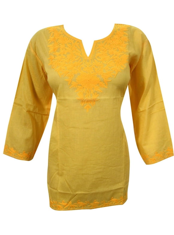 Yellow Tunic Boho Hippie Gypsy Blouse Cotton Floral M