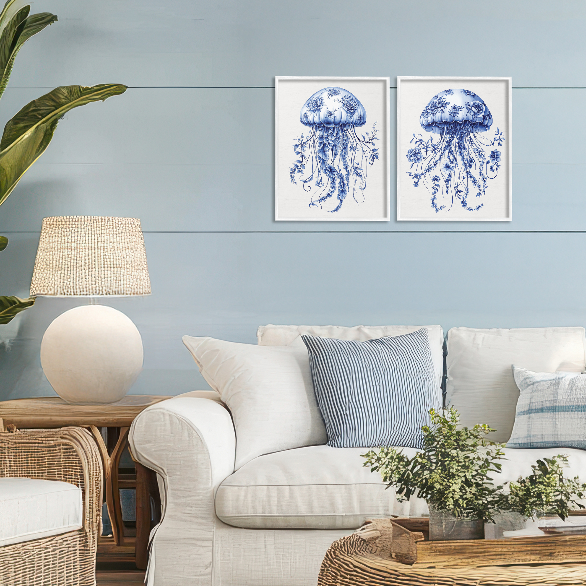 Funky Florals Toile Jellyfish 2 Piece White Framed Giclee Art Set, design by Lettered and Lined