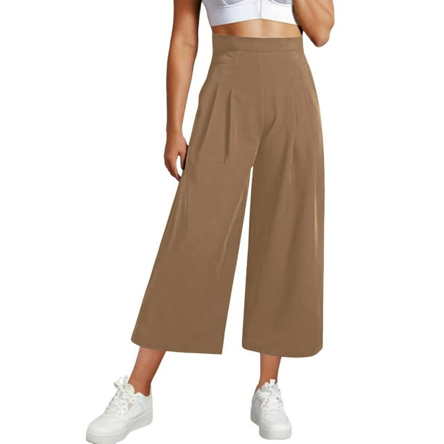 Womens Wide Leg Cropped Suit Pants - Business Summer Trousers - Pleated Waist Side Zipper - Elastic Back Work Pants