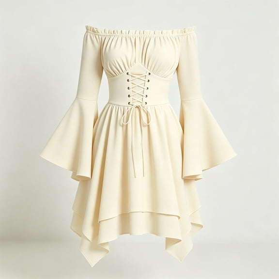 Oiangi Women's Medieval Renaissance Fairy Dress Cold Shoulder Bell Sleeve Corset Gothic Mini Dress ,Ideal for Festival Beige L