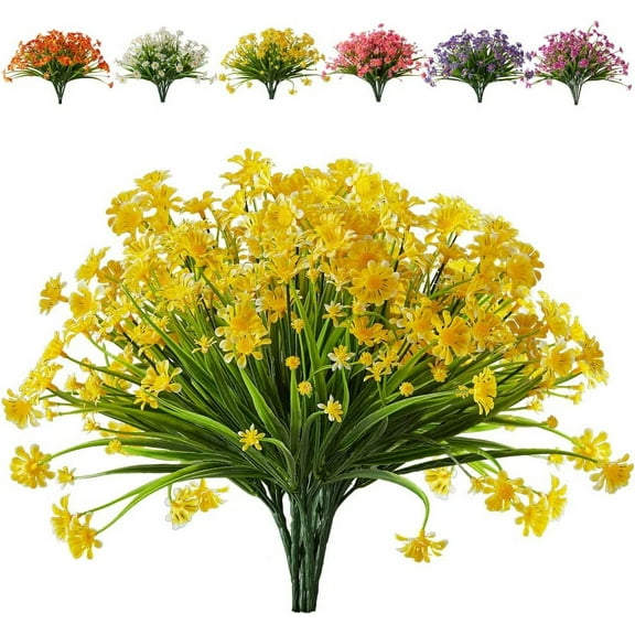 Morttic 8 Bundles Artificial Daisy Flowers UV Resistant No Fade Fake Greenery Faux Plastic Flowers for Wedding Garden Hanging Planter Indoor Porch Patio Office Home Decoration (Yellow)