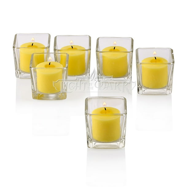 Clear Glass Square Votive Candle Holders with Yellow Votive Candles ...