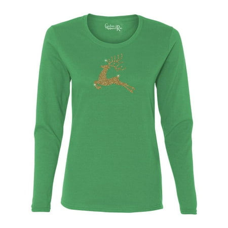 Reindeer Gold Glitter Christmas Shirt Womens Long Sleeve