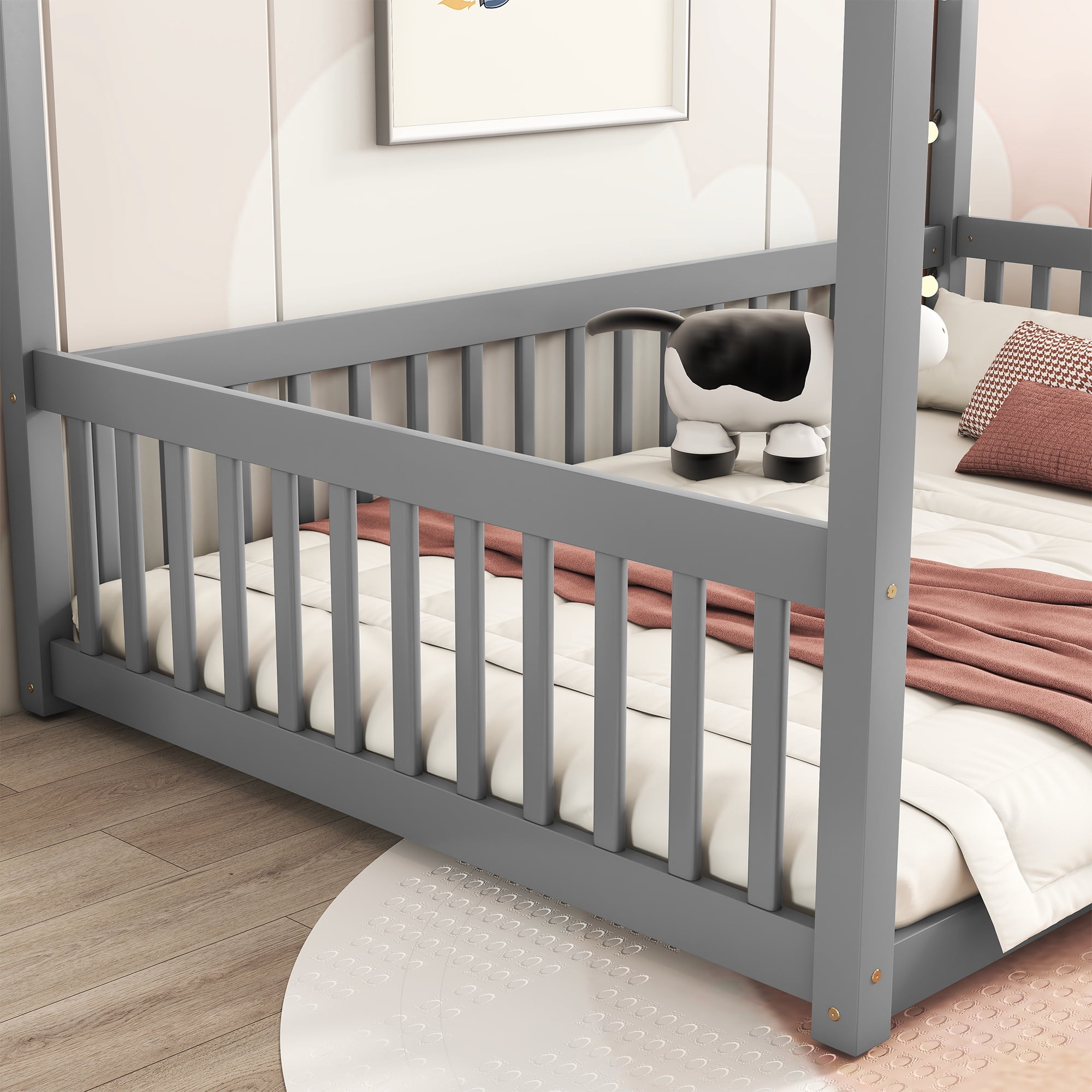 Miniyam Full Size Canopy FloorBed with Guardrails for Kids and Teens, Gray