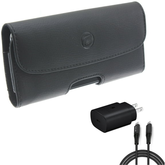 PD Type-C 25W Fast Home Charger w Leather Case Belt Clip for Samsung Galaxy A53 5G,A33 5G Phones - 6ft USB-C Cable Quick Power Adapter, Holster Cover Loops Pouch