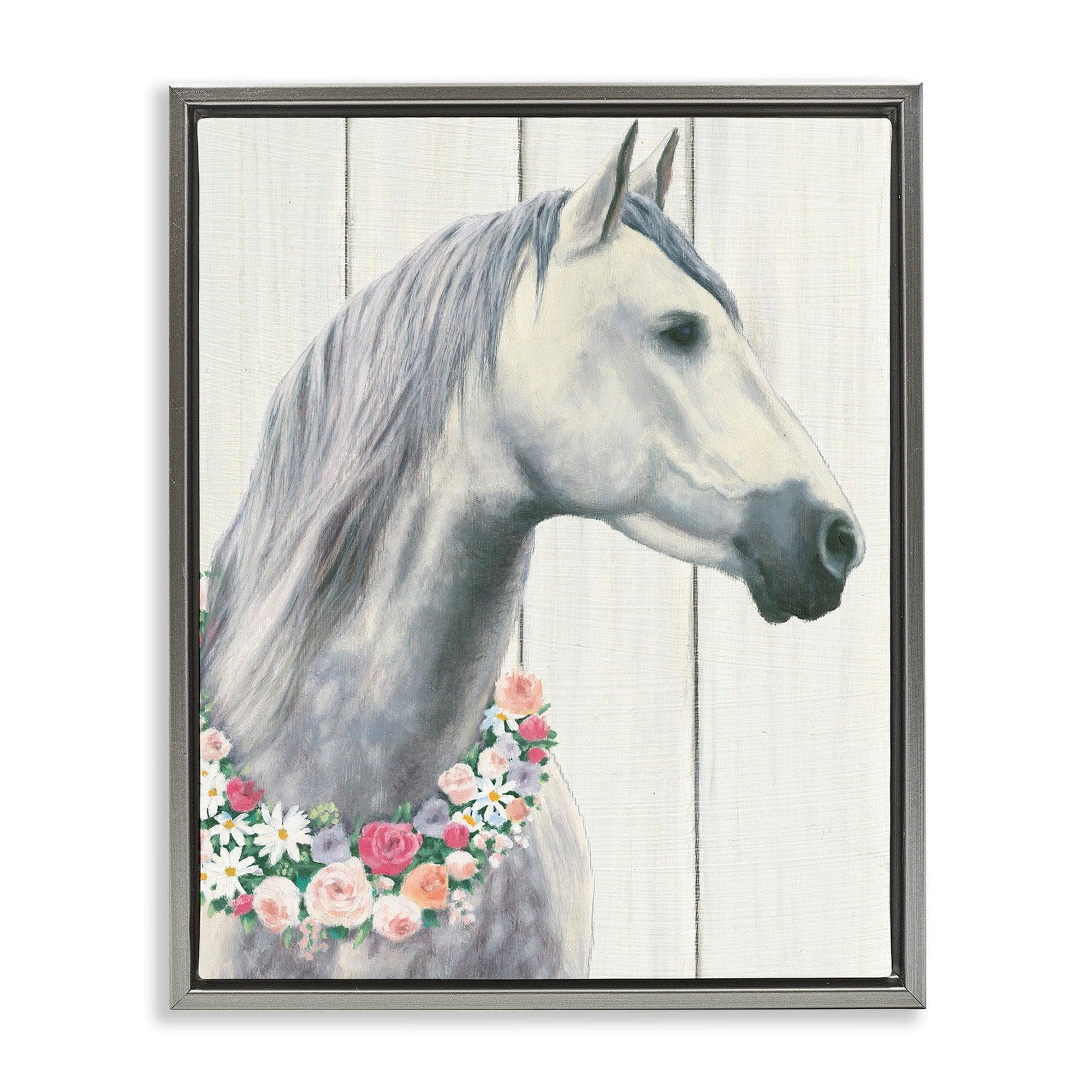 Stupell Industries Spirit Stallion Horse With Flower Wreath Luster Gray Framed Floating Canvas Wall Art, 24x30, by James Wiens