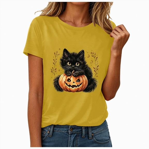 COMVALUE Women's Halloween Black Cat Pumpkin Art Print Crew Neck Short Sleeve T-Shirt (Yellow, M)
