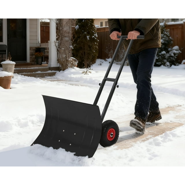 Pelle à Neige de 29 Pouces avec Roues, Lame de Charrue en Métal Grand et Poignée Réglable, Poussoir à 5 Positions pour Allées et Trottoirs