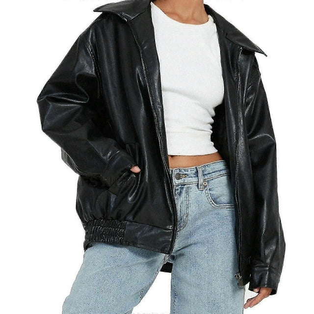 Women's Oversized Jackets, Leather Faux Motorcycle Plus Size Y2K Moto Biker Coat