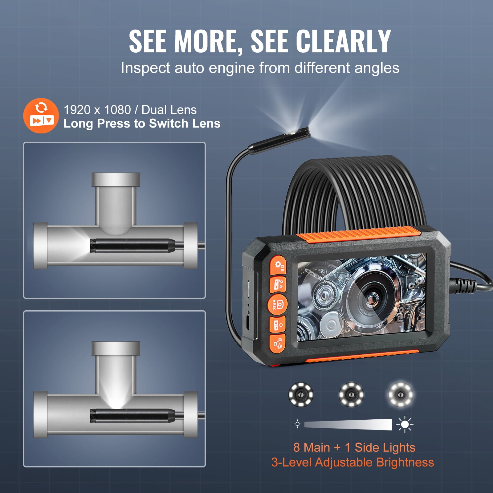 KFFKFF Endoscope Camera with Lights, featuring a 4.3" Display for 1080P Quality Imaging, 8+1 Illumination Options, 4X Magnification, and an IP67 Rated Waterproof Design.