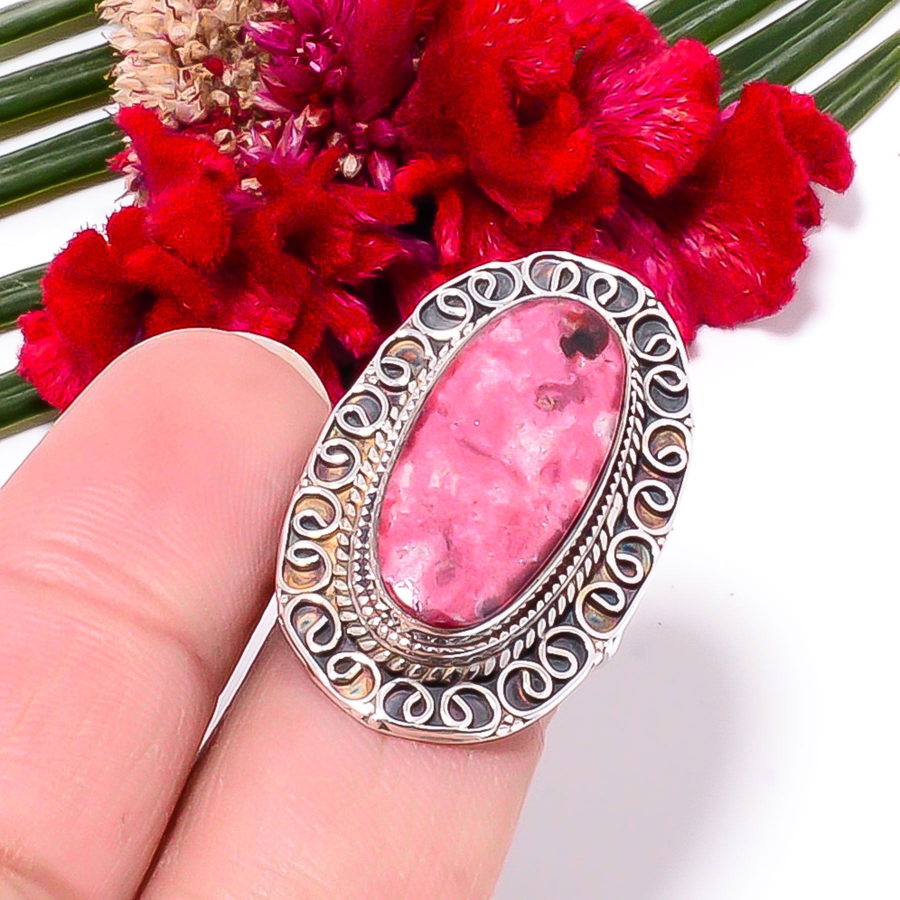 Pink Thulite - Norway Fine Art Oxidised 925 Sterling Silver Ring s.7.5 Sku29, Lavender Ring, Natural Gemstone Ring