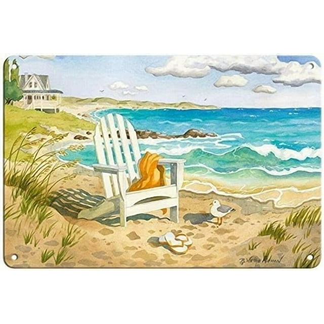 summer beach tin sign waiting for you beach chair ocean view metal plate wall decor beach home surf club decorative iron painting 8x12inch