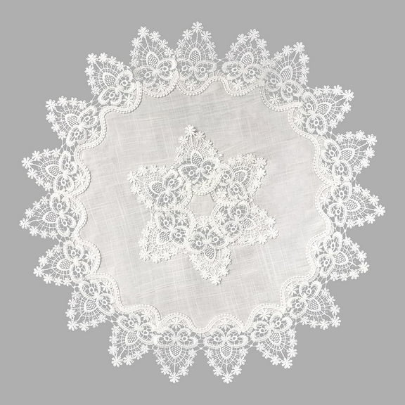 Round Linen Doily, 24 * 24in Vintage Table Cover with Lace Trim, Coffee Table Topper White Tablecloth for Room Kitchen Wedding Decor (60 * 60cm)