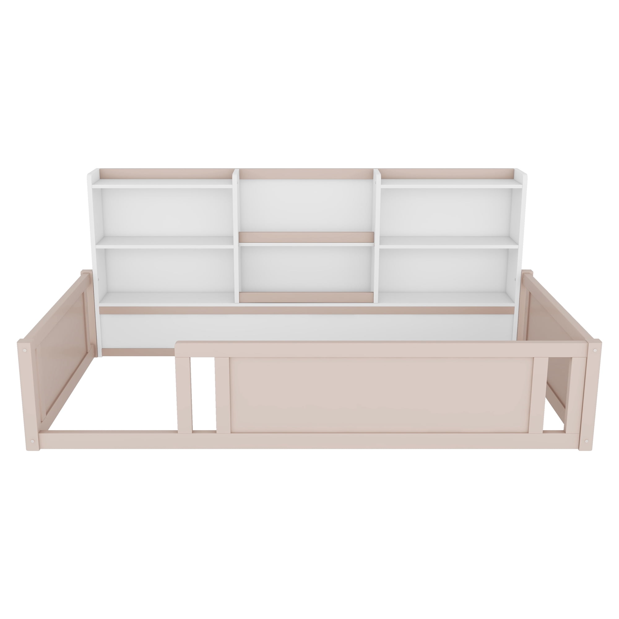 Mintazer Twin Size Montessori Floor Bed with Bookcase Headboard & Guardrails, Kids Platform Bed Frame with 6 Cubby Storage Shelves for Bedroom, White & Natural