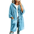 thumbnail image 5 of Zedker Long Hooded Fleece Cardigan for Women Button Front Drawstring Hood Patch Pockets Oversized Outerwear Sky Blue Jackets for Women, 5 of 9