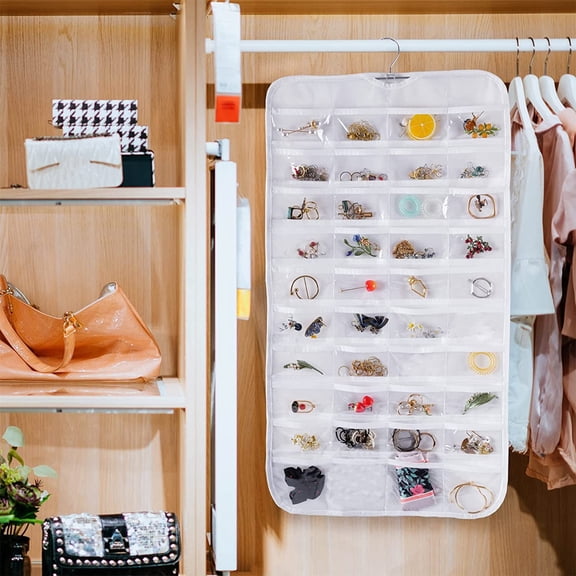 80 Pockets Jewelry Organizer Hanging Bag, White Storage Bag For Earrings Necklaces Rings Small Items, Space-Saving Closet Organizer For Bedroom Bathroom Travel