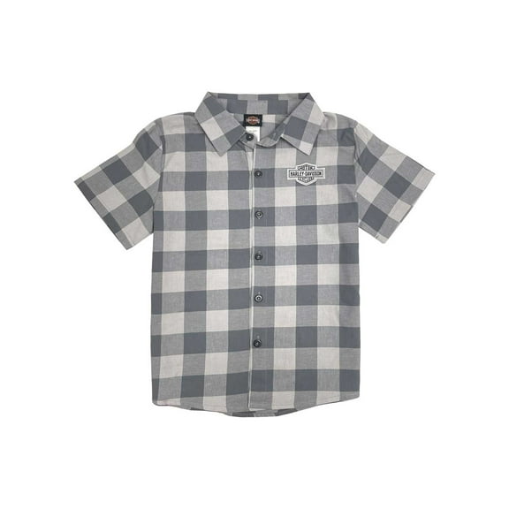 Harley-Davidson Big Boys' B&S Short Sleeve Plaid Flannel Shop Shirt-Gray (12/14), Harley Davidson