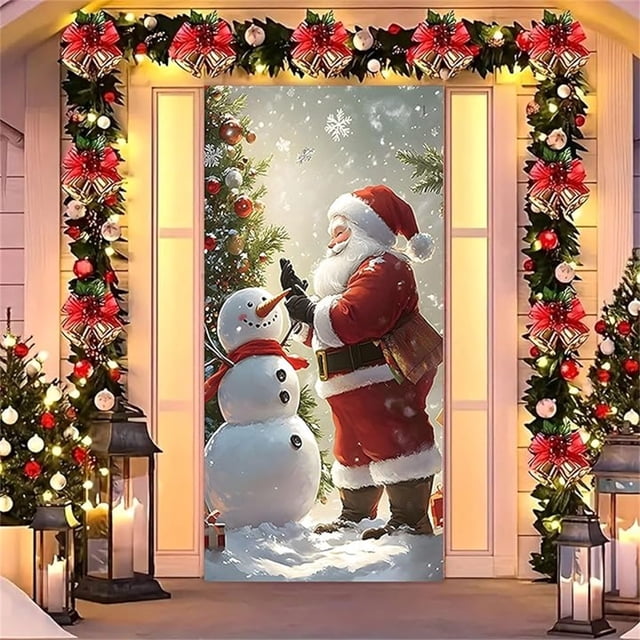 Decoración Navideña y de Halloween para Puerta de Entrada 2025 | Papá Noel, Árboles de Navidad, Calabazas, Esqueletos | Tela Elástica | Lavable | 200 Cm X 90 Cm | Decoración Navideña