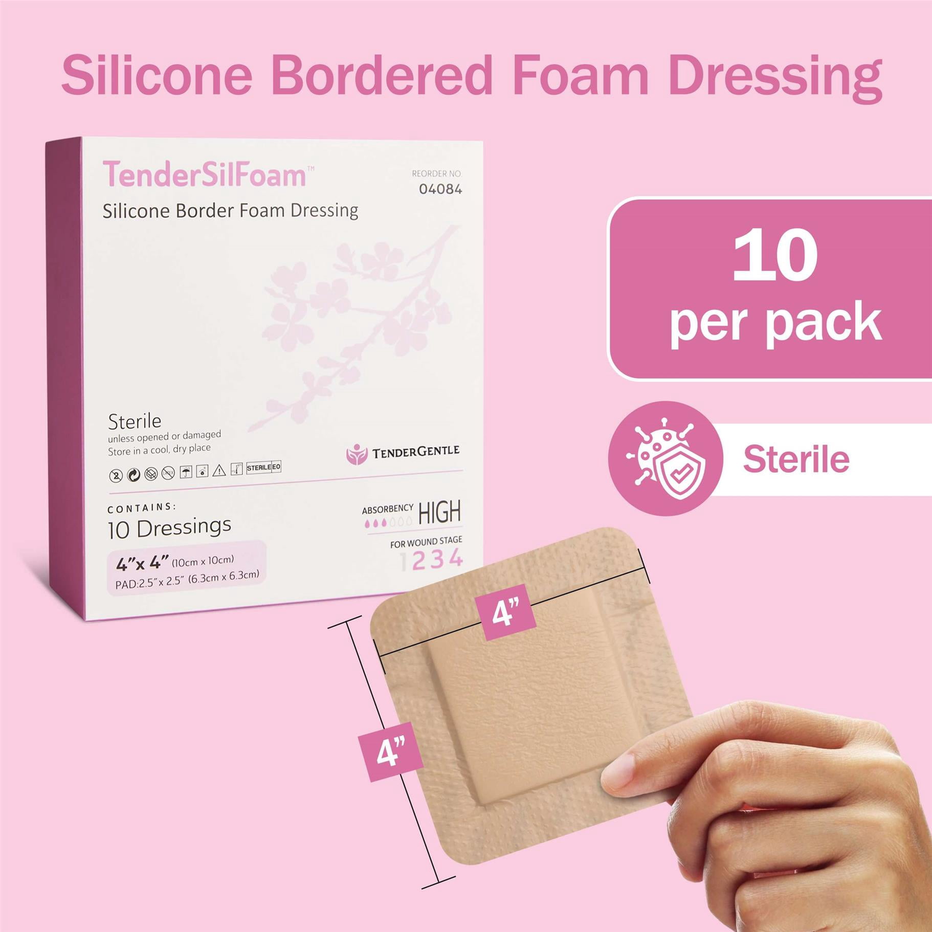 Tender Gentle Silicone Foam Dressing with Border, Adhesive, 10 ct. 4" x 4" Sterile Silicone Foam Bandage for Wound Care - Individually Wrapped