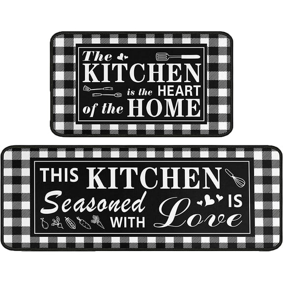 Buffalo Plaid Kitchen Rug 2 Pieces Set, Washable Non-Slip Kitchen Sink Decor Carpet, Home Black and White Cushioned Kitchen Floor Standing Mats 17"x47" 17"x30"