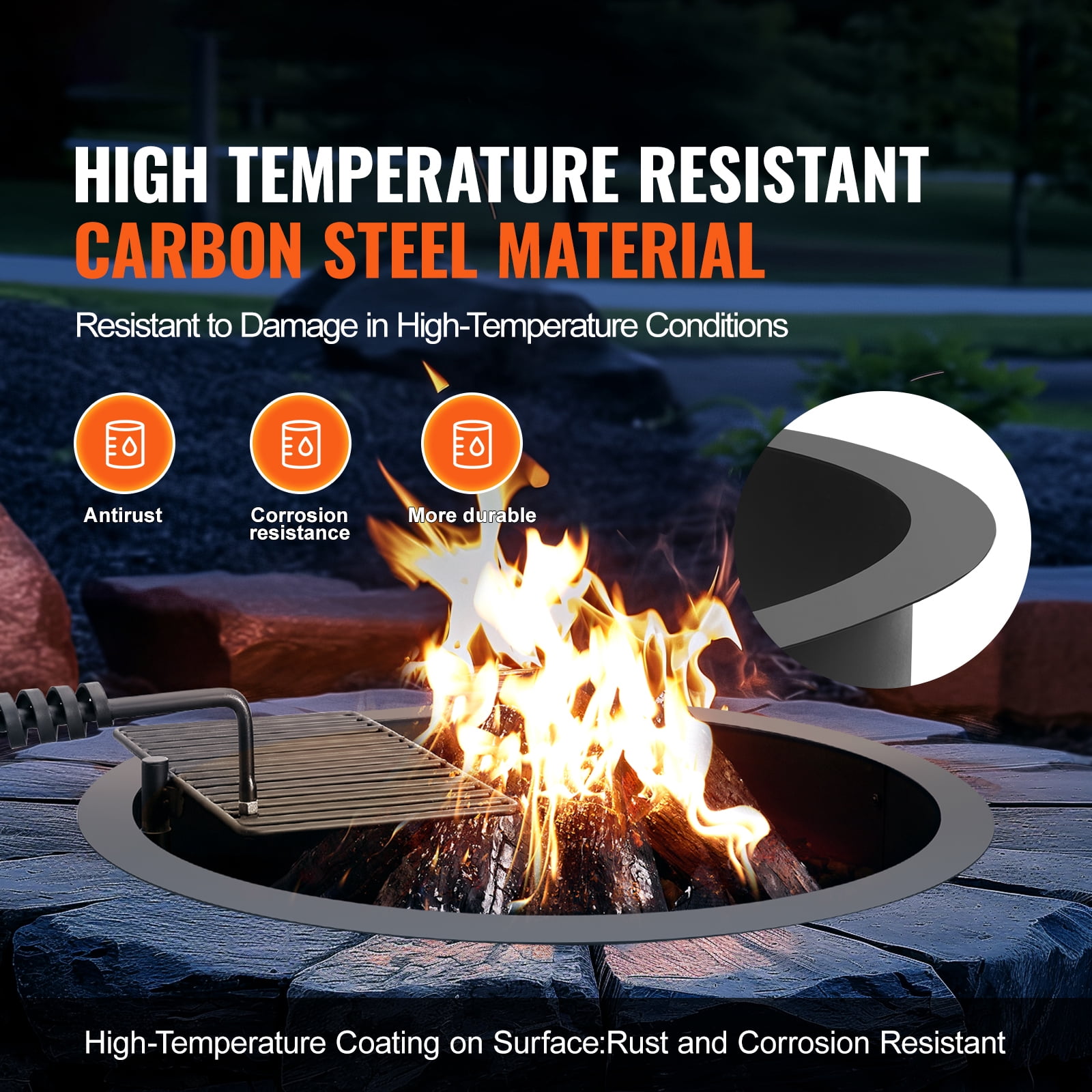 SKYSHALO Fire Pit Circle, BBQ Fire Ring Combo, 35-In Outer/31-In Inner Diameter, 8.5in Tall, Carbon Steel DIY Campfire Circle, Above/In-Ground Use, Ideal for Outdoor Camping, Bonfires