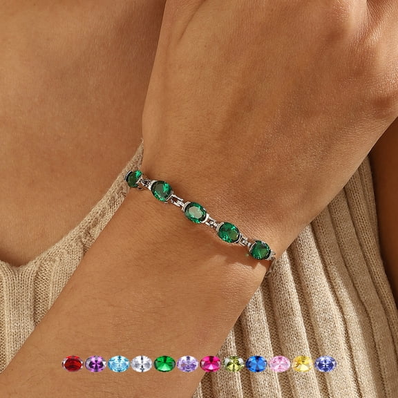 Juwaliy 18K White Gold Plated Oval Tennis Bracelets for Women,May Birthstone Bracelet Green Emerald Mom Jewelry Birthday Mother's Day Gifts Idea