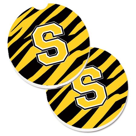 

Monogram Initial S Tiger Stripe Black & Gold Set of 2 Cup Holder Car Coaster