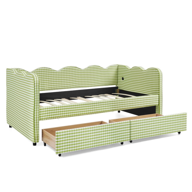 Twin Size Cozy Gingham Daybed with 2 Storage Drawers, Wave Shaped Linen Fabric Sofa Bed with USB Port for Living Room Bedroom