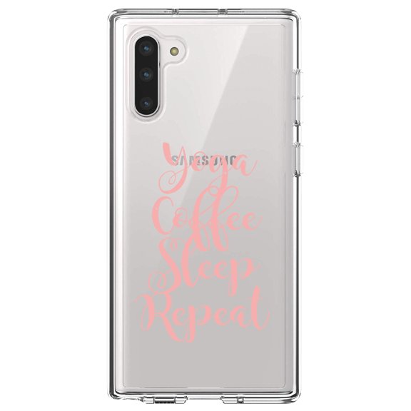 DistinctInk Clear Shockproof Hybrid Case for Samsung Galaxy Note 10 (6.3" Screen) - TPU Bumper Acrylic Back Tempered Glass Screen Protector - Yoga Coffee Sleep Repeat