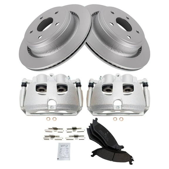 TRQ Rear Brake Pad & Rotor Kit Brake Caliper Brake Pads Brake Rotor Semi-Metallic Vented Premium G-Coated Fits Select 2012 Ram 1500