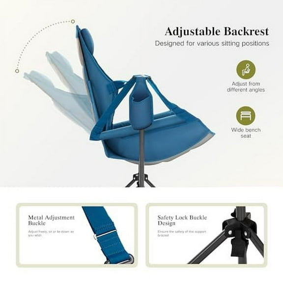 Hammock Camping Chair, Adjustable Back Swinging Chair, Folding Outdoor Rocking Chair, Heavy Duty Portable Camp Chair with Cup Holder and High Back for Adults, Blue