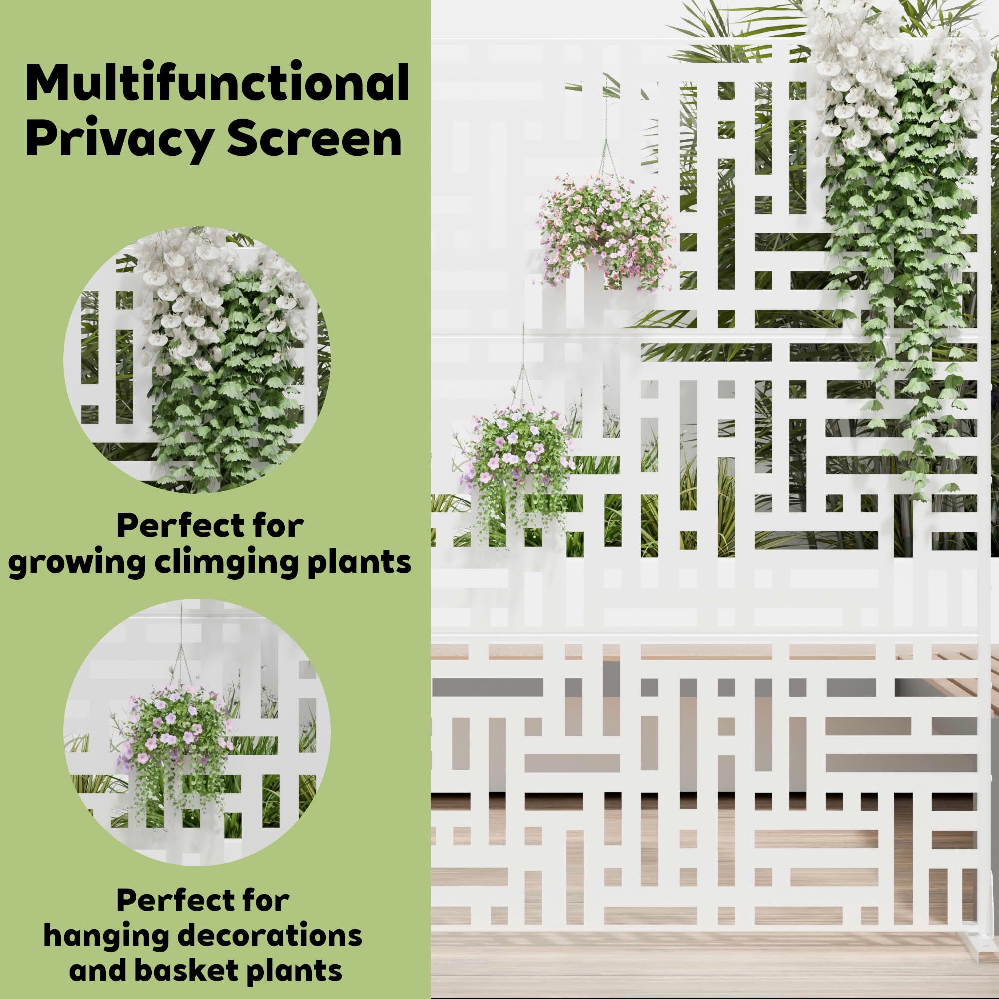 MAYEERTY 72"x47" Outdoor Privacy Screen, 3-Panel White Street Pattern Galvanized Steel Screen, Decorative Cutout Fence for Patio Yard
