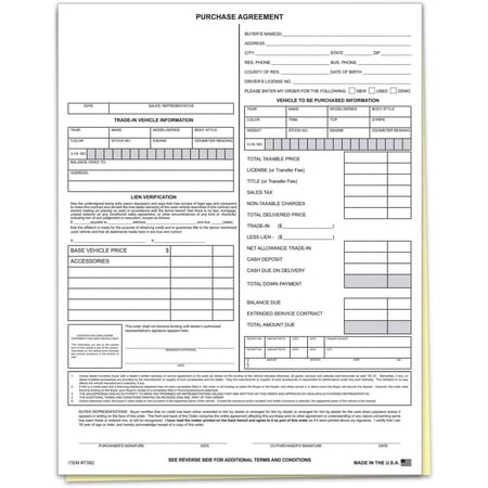 Vehicle Purchase Agreement Forms (2-Part) (100 per Pack) Auto Dealer Dealership Car Bill of Sale Purchase Agreement