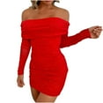 thumbnail image 2 of BLTIBY Womens Sequin Dress Solid Color off Shoulder Sparkly Short Long Sleeve Cocktial Gown Fashion Elegant Dresses Red XL, 2 of 9