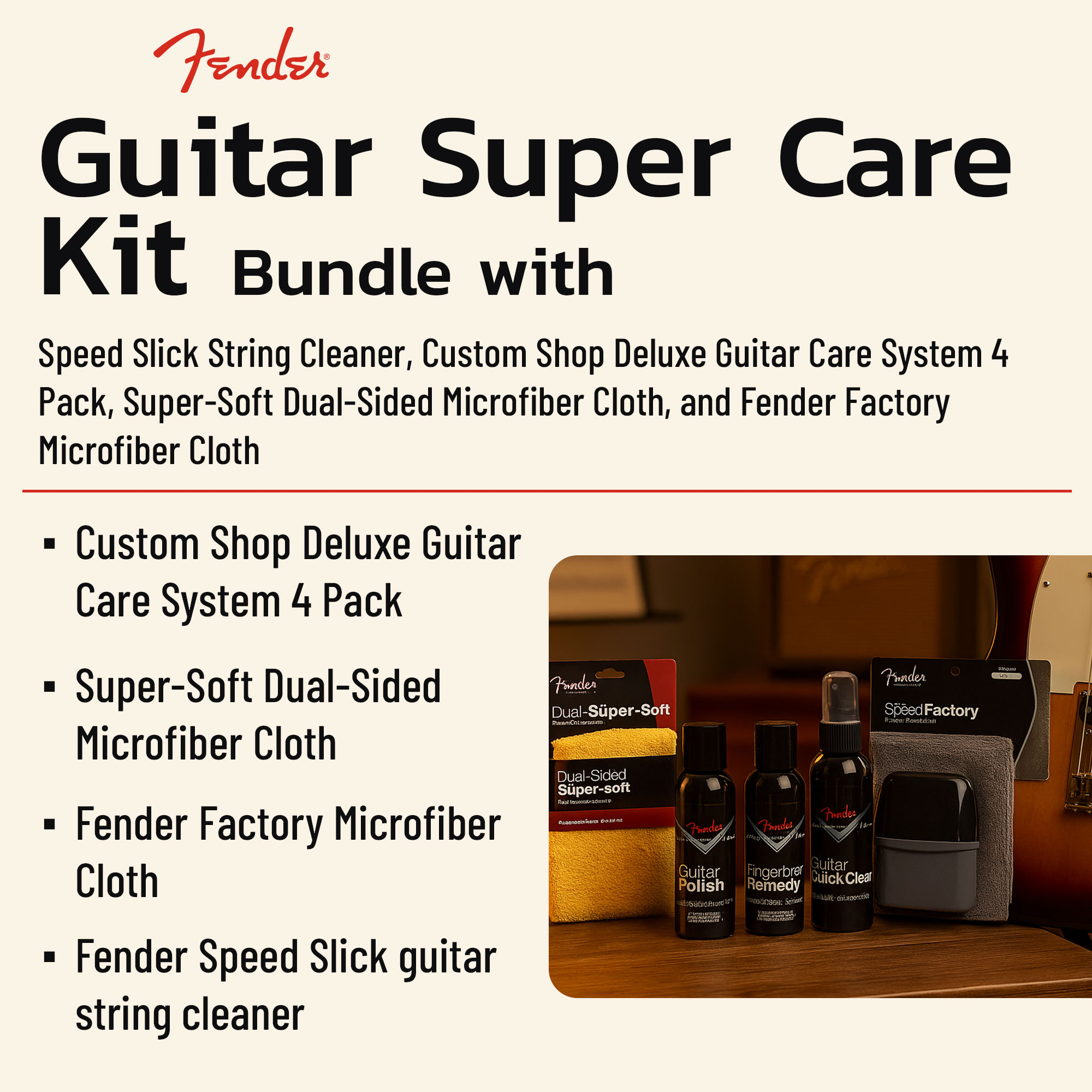 Fender Guitar Super Care Kit Bundle with Custom Shop Deluxe Guitar Care System 4 Pack, Speed Stick String Cleaner, Super-Soft Dual-Sided Microfiber Cloth, and Fender Factory Microfiber Cloth