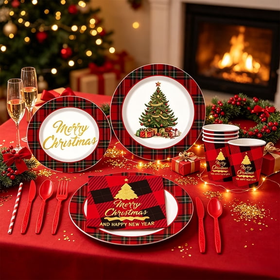 10Pcs,Christmas Tree Disposable Dinnerware Set – Plates, Cups, Napkins,Cutlery & Straws for Holiday Party