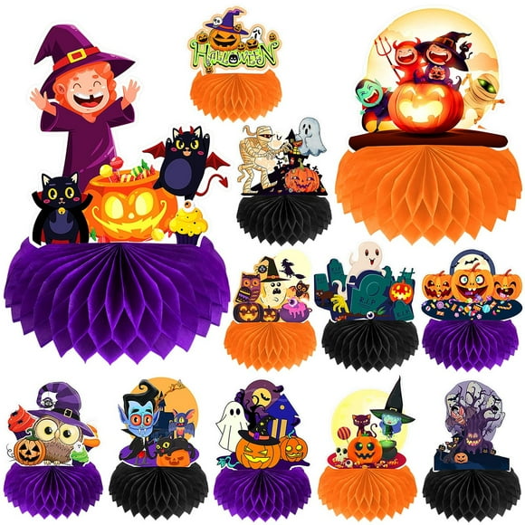 Honeycomb Halloween Party Centerpieces - 12 Pack Table Decorations with Pumpkin, Ghost, Cat, Tombstone Elements. Cute Home Room Desk Decor & Favors.