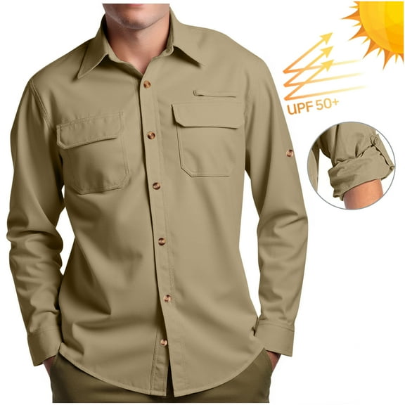 Wyobmus Men's Upf 50 Sun Protection Fishing Shirts with Flip Pocket Long Sleeve Button Down Lightweight Hiking Shirt Outdoor Rolled Cuff Safari Shirt B-Khaki