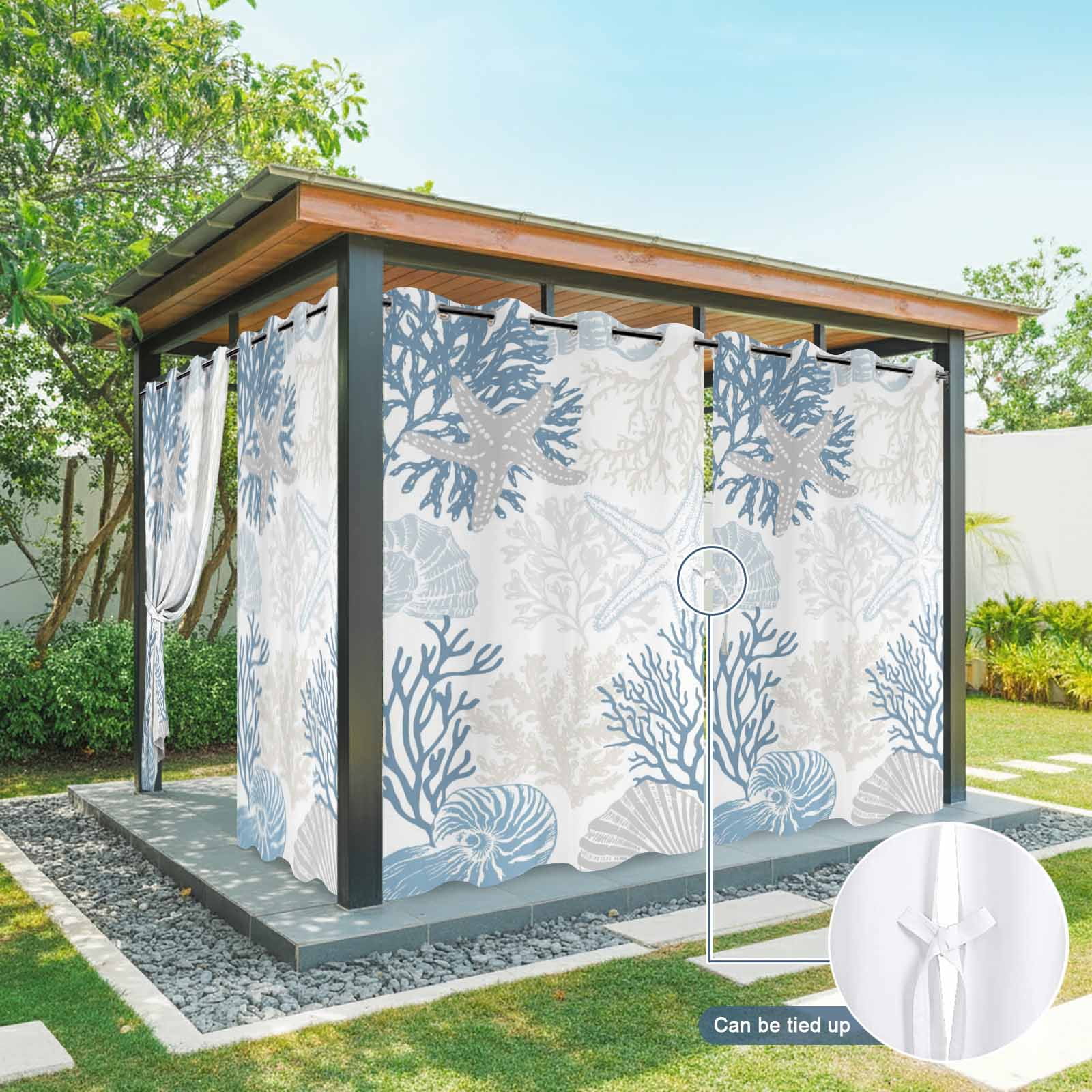 Summer Marine Life Outdoor Curtains for Patio, Graffiti Corals Gray Shell Sea Conch Starfish Sunshade Privacy Drapes Grommet Waterproof Outside Curtains for Porch/Cabana/Balcony 54"x 108", 1 Panel
