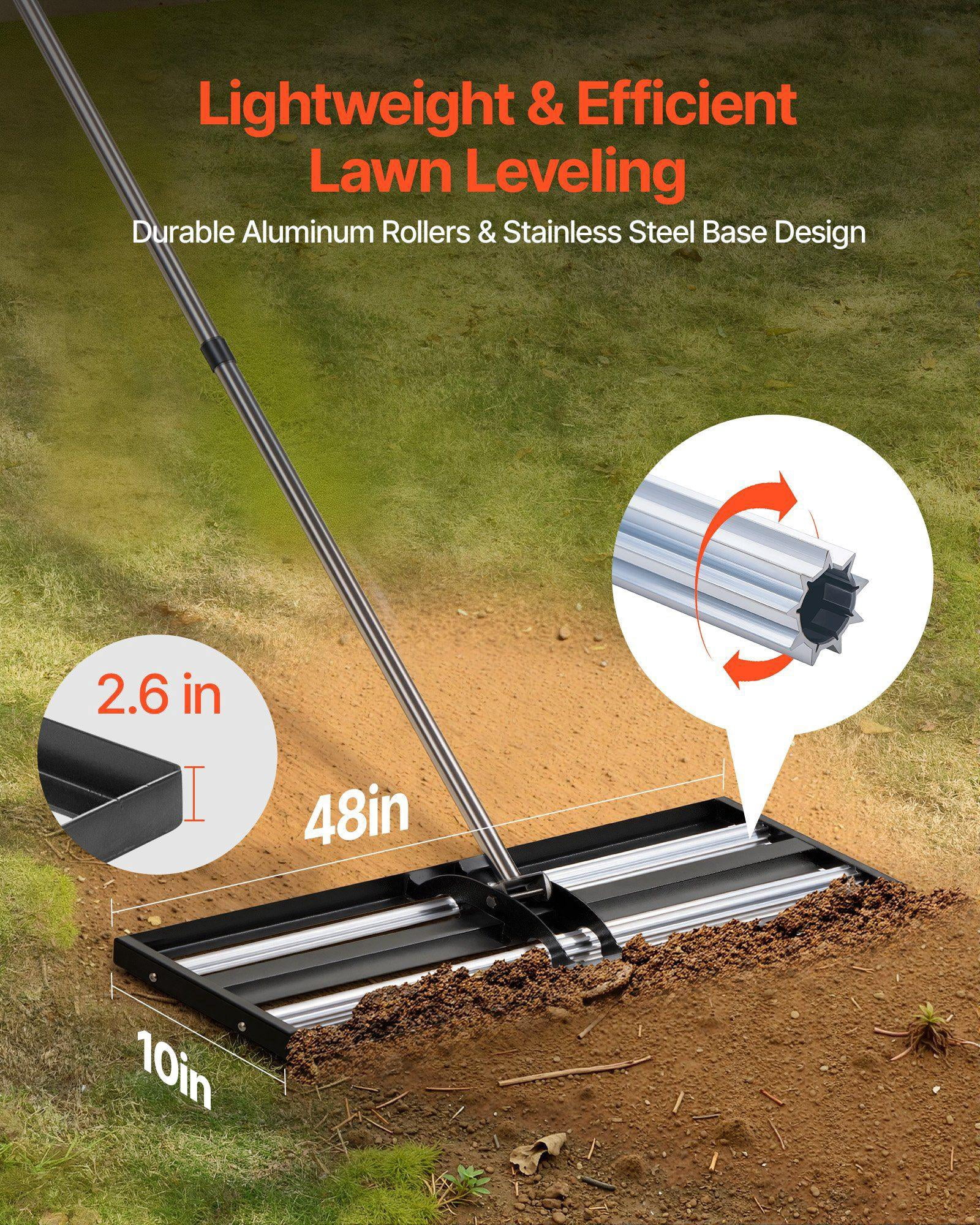 48 Inch Stainless Steel Lawn Leveling Rake with Roller and 83.9 Inch Adjustable Handle Heavy Duty Yard Leveler Tool for Golf Court