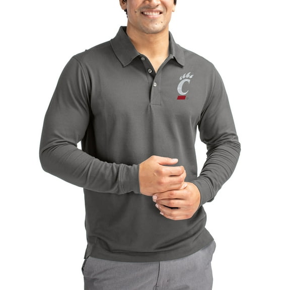 Men's Cutter & Buck Gray Cincinnati Bearcats Advantage Eco Tri-Blend Pique Long Sleeve Polo