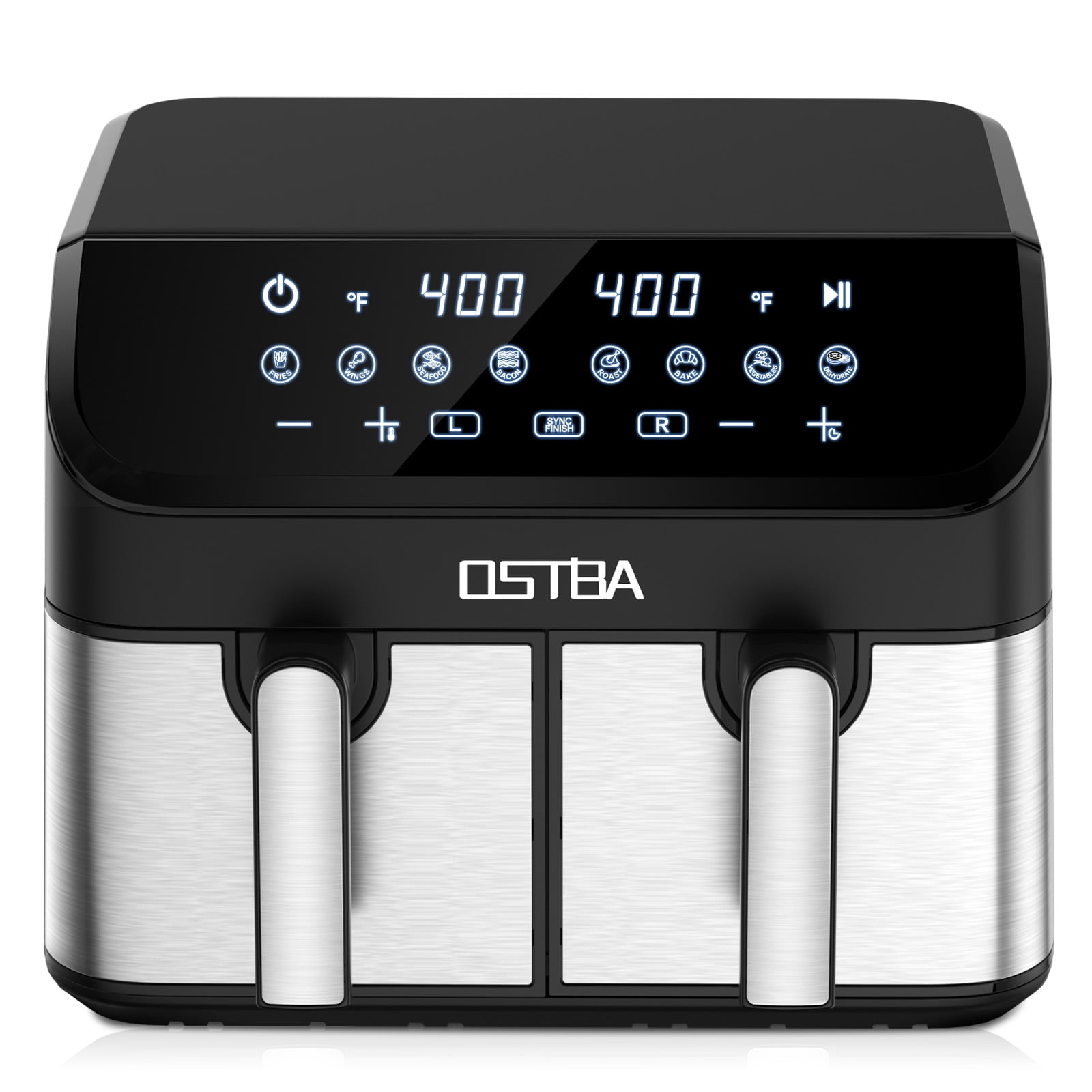 OSTBA 9.5QT Dual Basket Air Fryer, 1700W Double Drawer Air Fryer with Sync Finish, 8-in-1 Presets, Digital Touchscreen, Air Fry, Roast, Bake, Dehydrate, Oil-Free Family Size Cooker, Black