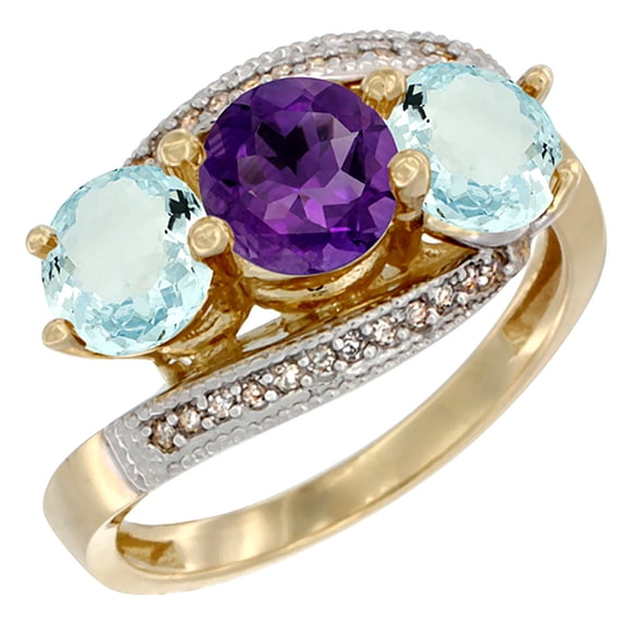 14K Yellow Gold Natural Amethyst & Aquamarine Sides 3 stone Ring Round 6mm Diamond Accent, size 5